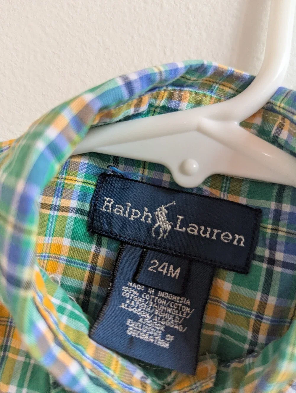 Vtg Ralph Lauren 24m Boys Button Down Long Sleeve Shirt Green Plaid Preppy